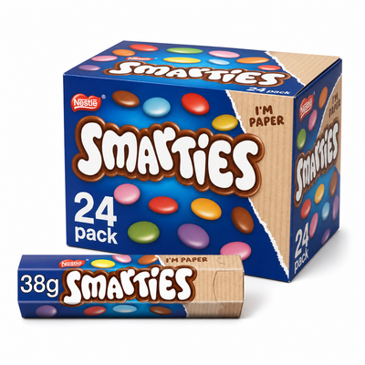 Nestle Smarties Hexatube Box with colorful chocolate buttons in hexagonal packaging.
