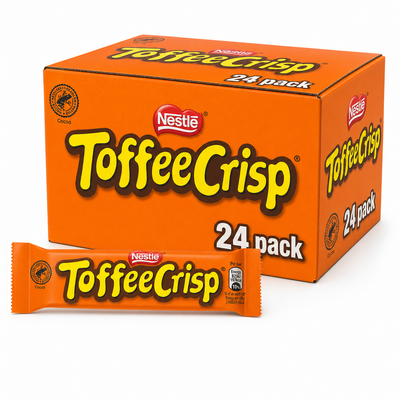 Nestle Toffee Crisp Box with a 24 pack of Toffee Crisp bars showcasing the iconic orange packaging.