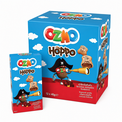 Ozmo Hoppo Chocolate Filled Biscuits Box 40g Box featuring fun animal-shaped biscuits with chocolate cream.
