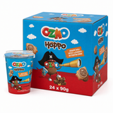Ozmo Hoppo Chocolate Filled Biscuits Tub 90g Box packaging with animal-shaped biscuits and chocolate cream.