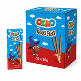 Ozmo Hoxi Poxi Stix 36g Box packaging with biscuit sticks and colorful branding design.