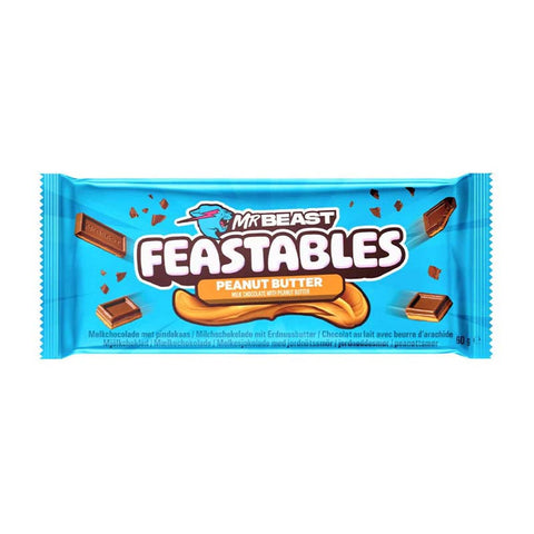 MrBeast Feastables Peanut Butter 60g packaging featuring smooth chocolate and peanut butter filling.