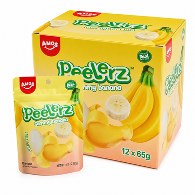 Peelerz Gummy Banana 65g Box featuring peelable banana-flavored gummy sweets in vibrant packaging.