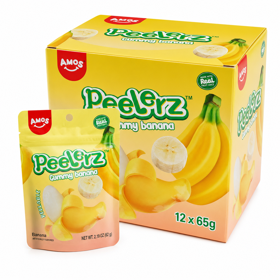Peelerz Gummy Banana 65g Box featuring peelable banana-flavored gummy sweets in vibrant packaging.