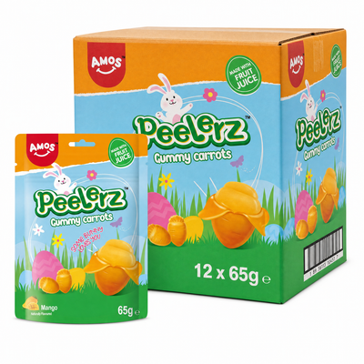 Peelerz Gummy Carrots 65g Box featuring gummy carrots in playful packaging.