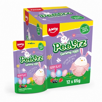 Peelerz Gummy Eggs 65g Box and Berry Blast packaging featuring colorful, fun gummy sweets for gifting and Easter.