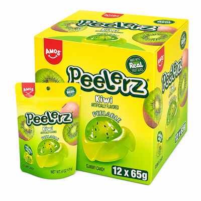 Peelerz Gummy Kiwi 65g Box with peelable kiwi-flavored gummy sweets. Fun and refreshing on-the-go treat.