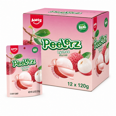 Peelerz Gummy Lychee 120g Box featuring gummy sweets and lychee fruit design.