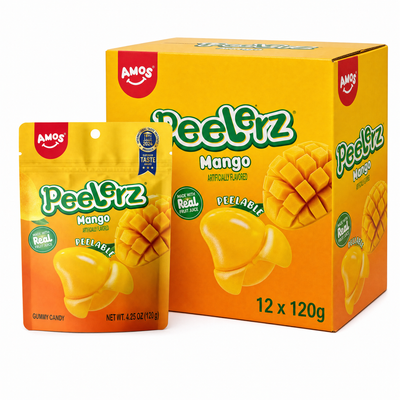 Peelerz Gummy Mango 120g Box featuring peelable mango-flavored gummy sweets in a vibrant package.