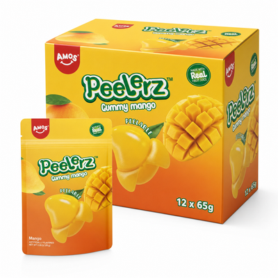 Peelerz Gummy Mango 65g Box featuring a single-serve pack and a box of gummies with mango designs.