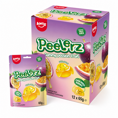 Peelerz Gummy Passion Fruit  65g Box, exciting peelable gummy sweets with passion fruit flavor, 12 packs of 65g.