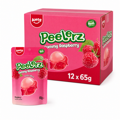 Peelerz Gummy Raspberry 65g Box featuring peelable raspberry-flavored gummy sweets in a colorful package.