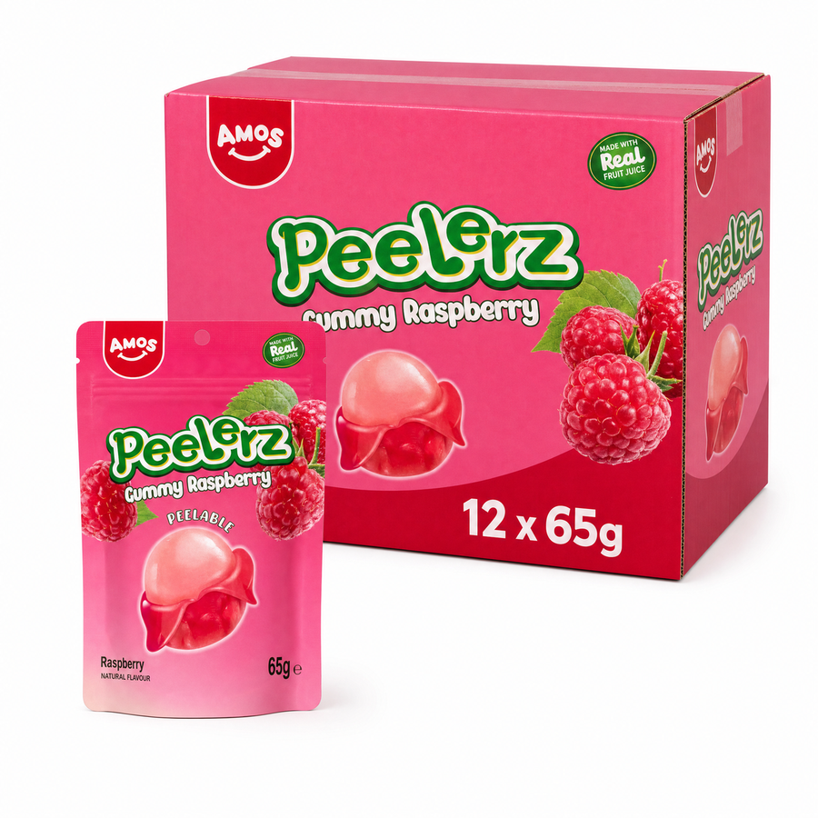 Peelerz Gummy Raspberry 65g Box featuring peelable raspberry-flavored gummy sweets in a colorful package.