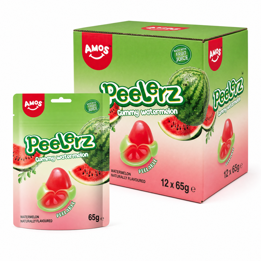 Peelerz Gummy Watermelon  65g Box packaging with a single-serve bag and watermelon graphics.