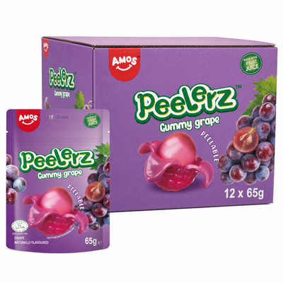 Peelerz (Halal) Grape 65g Box featuring gummy grape sweets in peelable packaging.