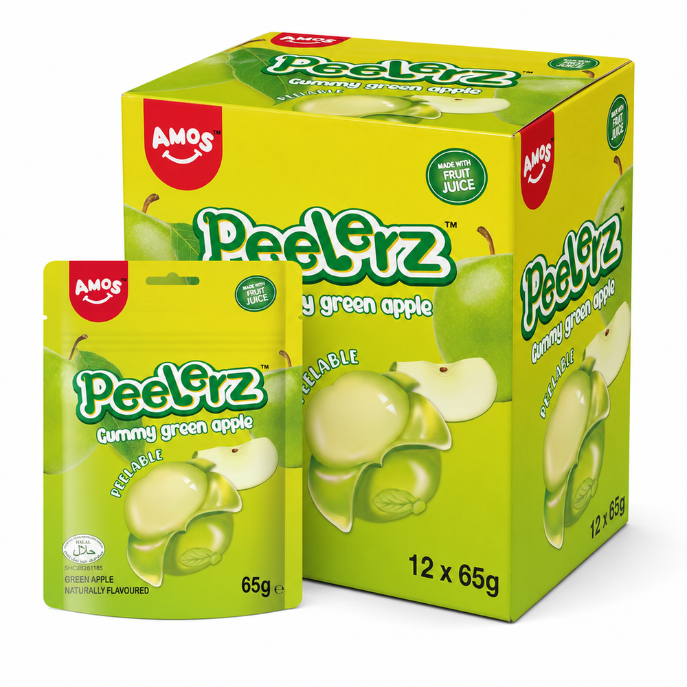 Peelerz (Halal) Green Apple 65g Box featuring apple-shaped peelable gummy sweets.