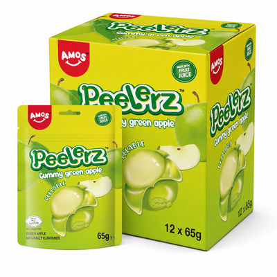 Peelerz (Halal) Green Apple 65g Box featuring apple-shaped peelable gummy sweets.