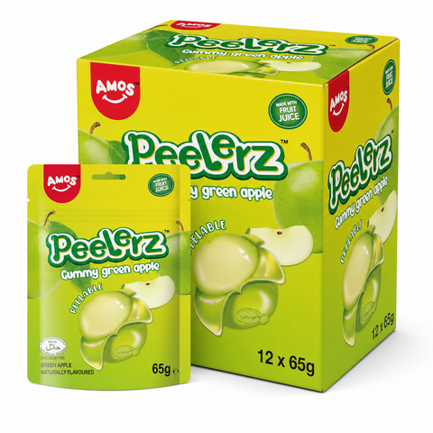 Peelerz (Halal) Green Apple 65g Box featuring apple-shaped peelable gummy sweets.