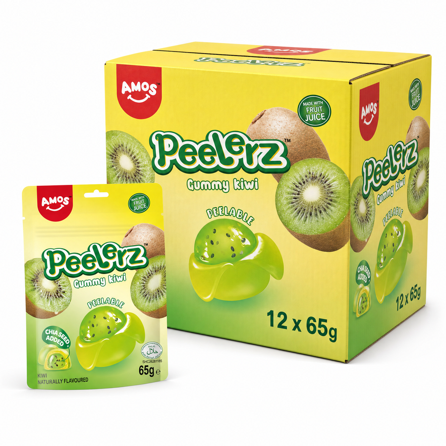 Peelerz (Halal) Kiwi 65g Box featuring a gummy kiwi candy and packaging by Amos Sweets.