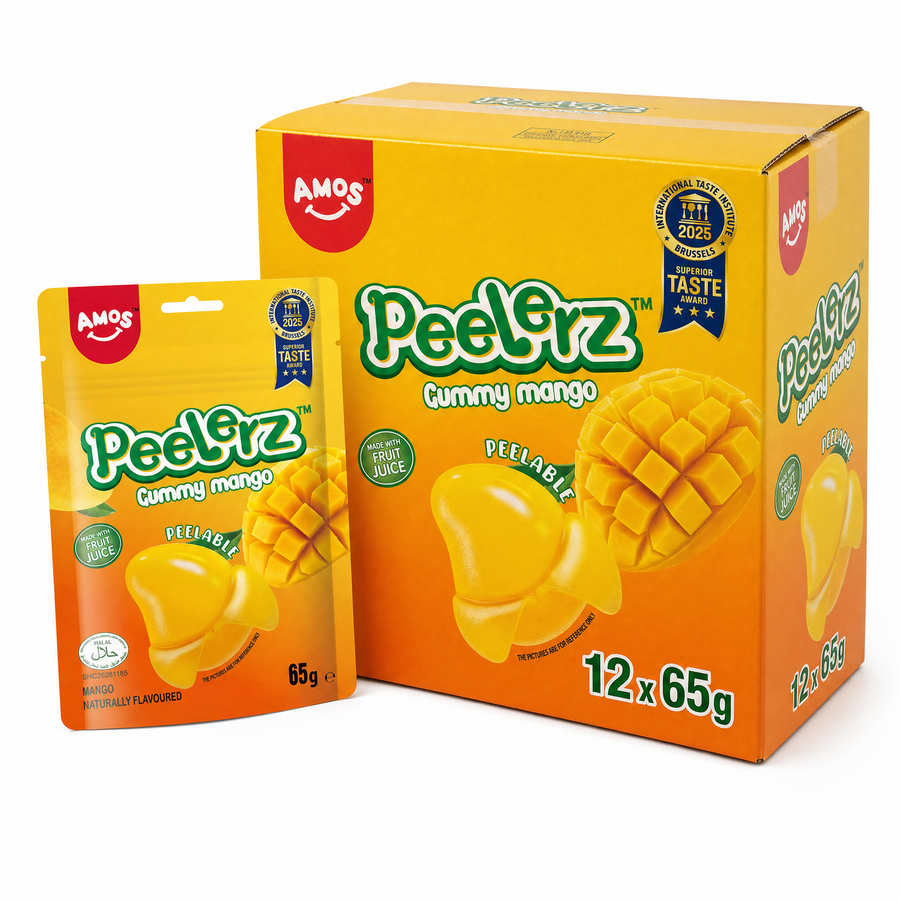 Peelerz (Halal) Mango 65g Box with gummy mango pouch and box design by Amos Sweets. Delight in tropical flavors!