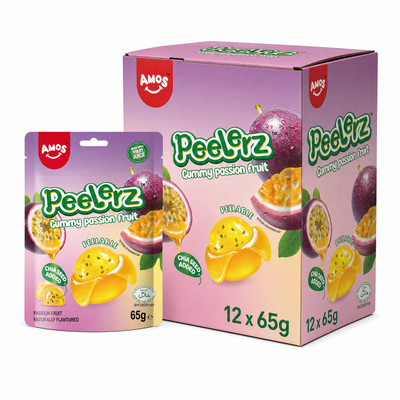 Peelerz (Halal) Passion Fruit 65g Box with gummy passion fruit packaging by Amos Sweets.