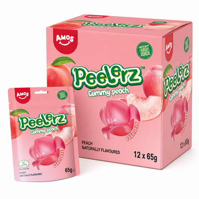Peelerz (Halal) Peach 65g Box with packaging shows peach-flavored gummy sweets in a peelable format.