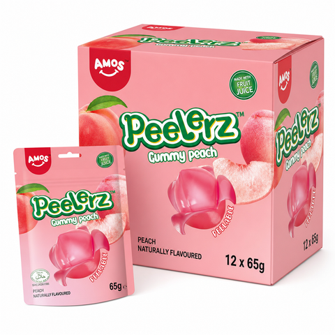 Peelerz (Halal) Peach 65g Box with packaging shows peach-flavored gummy sweets in a peelable format.
