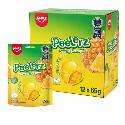 Peelerz (Halal) Pineapple 65g Box with packaging and product image of gummy pineapple sweets.