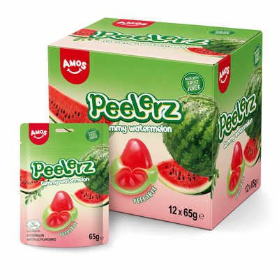 Peelerz (Halal) Watermelon 65g Box packaging featuring gummy watermelon sweets with watermelon slices.