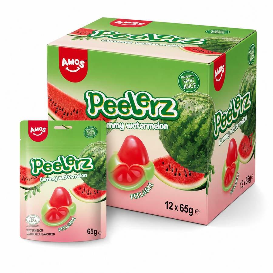 Peelerz (Halal) Watermelon 65g Box packaging featuring gummy watermelon sweets with watermelon slices.