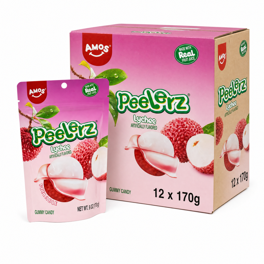 Peelerz Lychee 170g Box with gummy candy packaging featuring peeled lychee on a pink background.