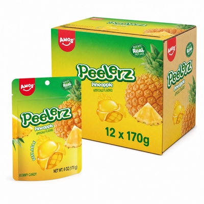 Peelerz Pineapple 170g Box featuring peelable pineapple gummy sweets in a bright packaging with real fruit juice.