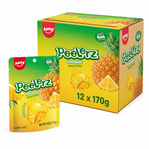 Peelerz Pineapple 170g Box featuring peelable pineapple gummy sweets in a bright packaging with real fruit juice.