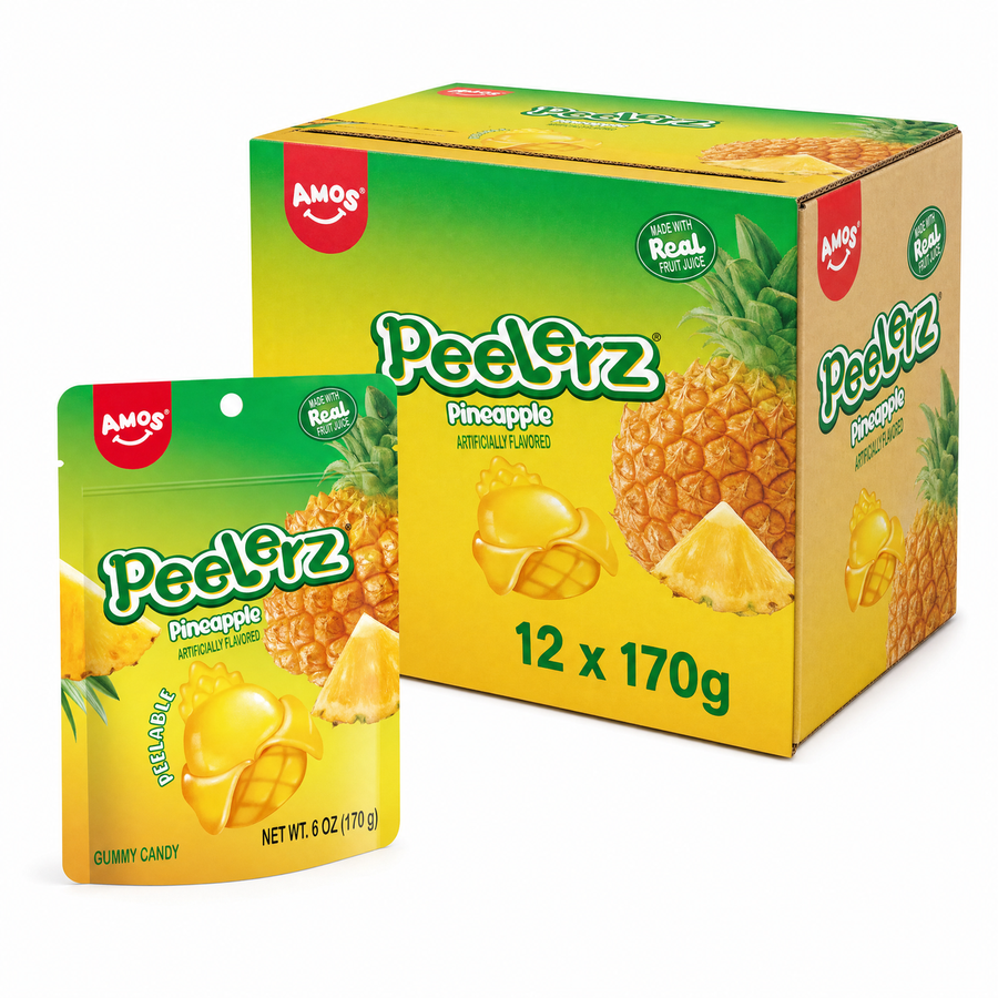 Peelerz Pineapple 170g Box featuring peelable pineapple gummy sweets in a bright packaging with real fruit juice.