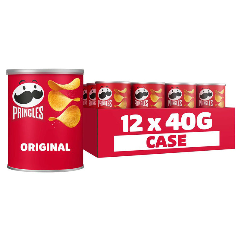 Pringles Original 40g Box displayed as a 12 x 40g case, featuring classic potato crisps in a red container.