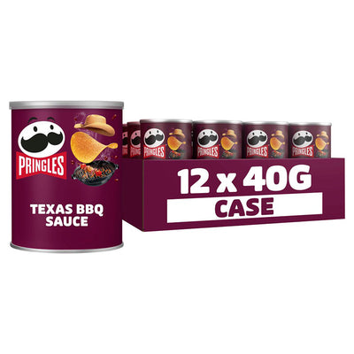 Pringles Texas BBQ 40g Box showcasing a case with 12 cans, perfect for BBQ flavor lovers.