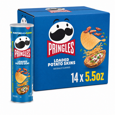 Pringles Loaded Potato Skins 5.5oz Box featuring the signature Pringles flavor and crispy chip design.