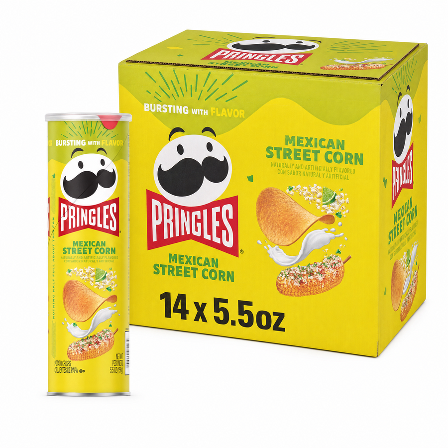 Pringles Mexican Street Corn 5.5oz Box with can and packaging featuring Mexican street corn flavor.