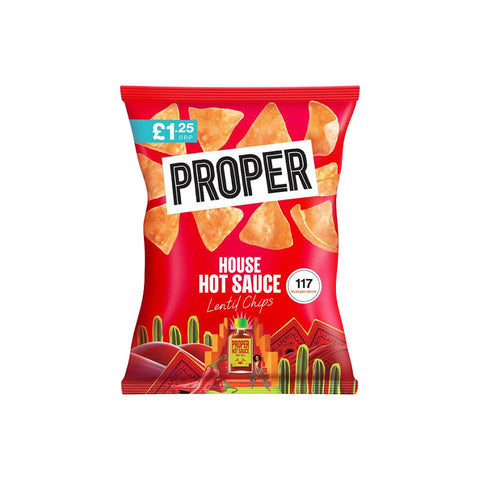 Proper Lentil Chips House Hot Sauce Box packaging featuring crispy lentil chips with house hot sauce flavor.