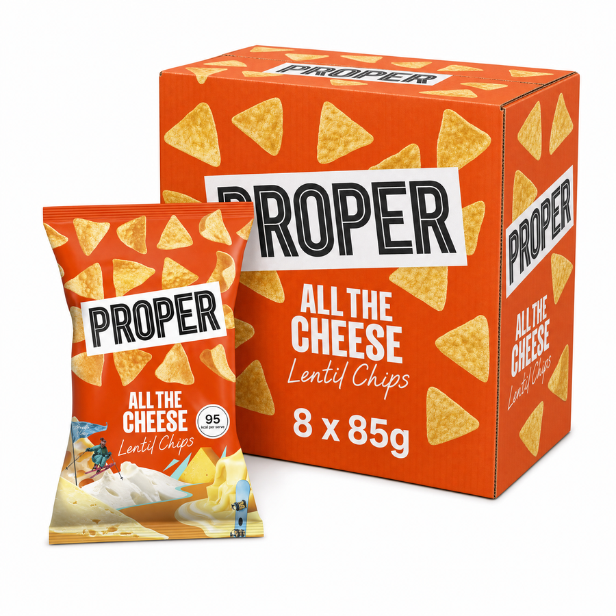 Proper All the Cheese Lentil Chips 85g Box with crispy lentil chips in a vibrant packaging.