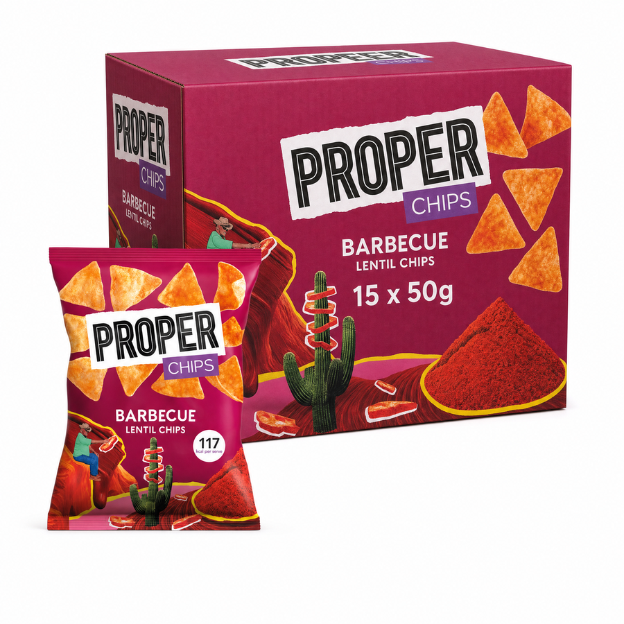 Proper Barbecue Lentil Chips 50g Box showing packaging and individual pack with barbecue flavor.
