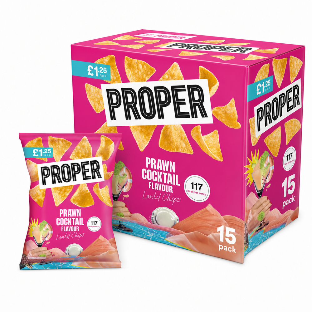 Proper Lentil Chips Prawn Cocktail Box displayed with single pack and box of lentil chips.