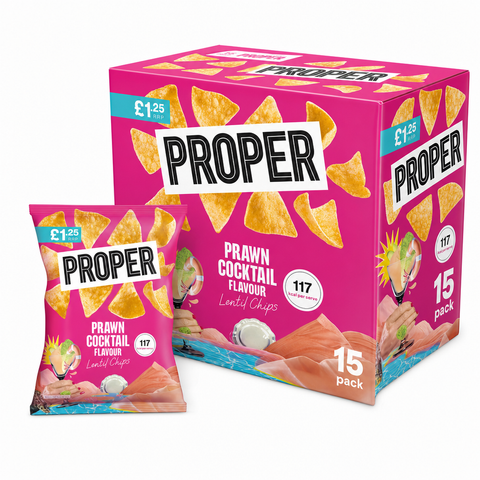 Proper Lentil Chips Prawn Cocktail Box displayed with single pack and box of lentil chips.