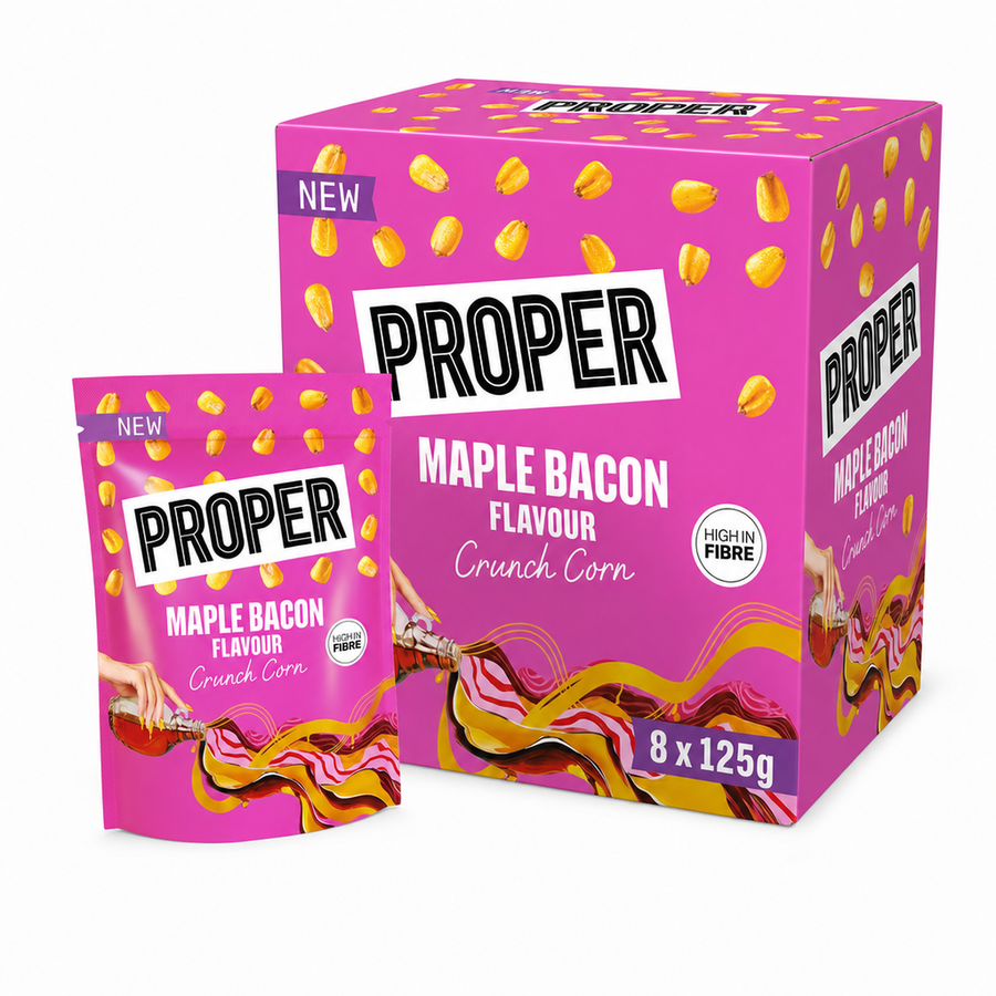 Proper Maple Bacon Crunch Corn 125g Box with packaging showcasing a crunchy snack with maple bacon flavor.