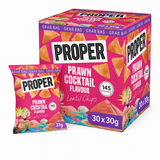 Proper Prawn Cocktail Lentil Chips 30g Box with individual bag, light and crispy snack in vibrant packaging.