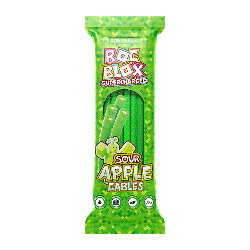 Roc Blox Supercharged Sour Cables 170g Apple Box packaging with green gummy cables inside.