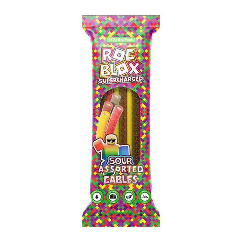 Roc Blox Supercharged Sour Cables 170g Assorted Box with colorful sour gummy cables in a vibrant package.