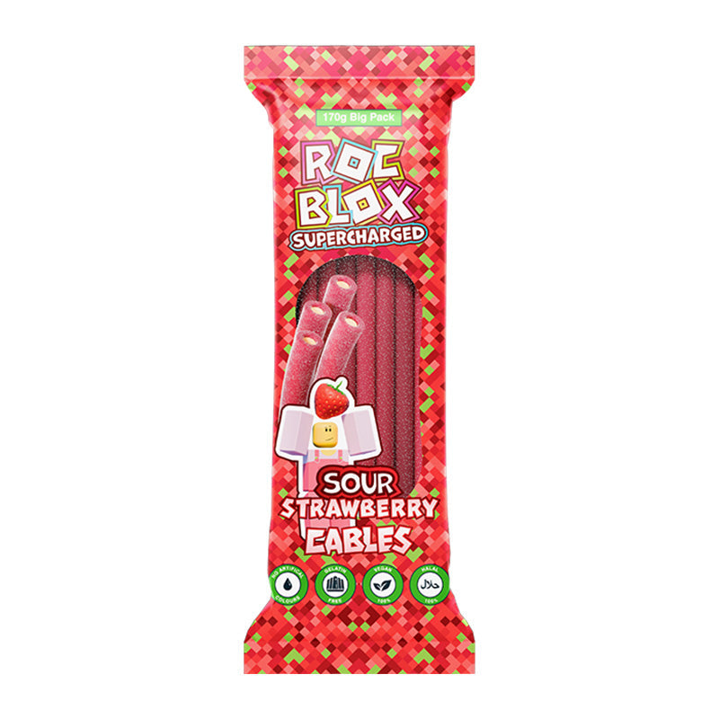 Roc Blox Supercharged Sour Cables 170g Strawberry Box packaging featuring chewy sour strawberry cables.