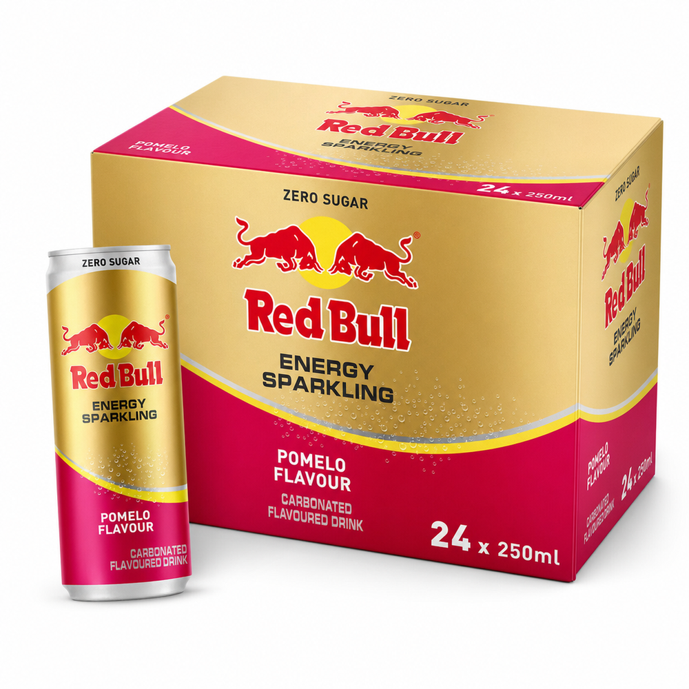 Red Bull (Thai) 250ml Pomelo (Zero Sugar) Box with a can and packaging showcasing the refreshing citrus flavor.