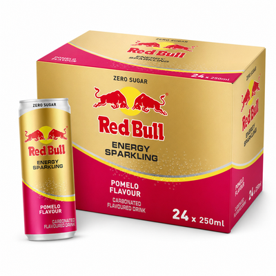 Red Bull (Thai) 250ml Pomelo (Zero Sugar) Box with a can and packaging showcasing the refreshing citrus flavor.